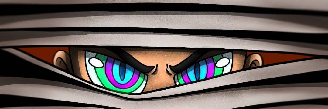 Variant's eyes peering through window blinds